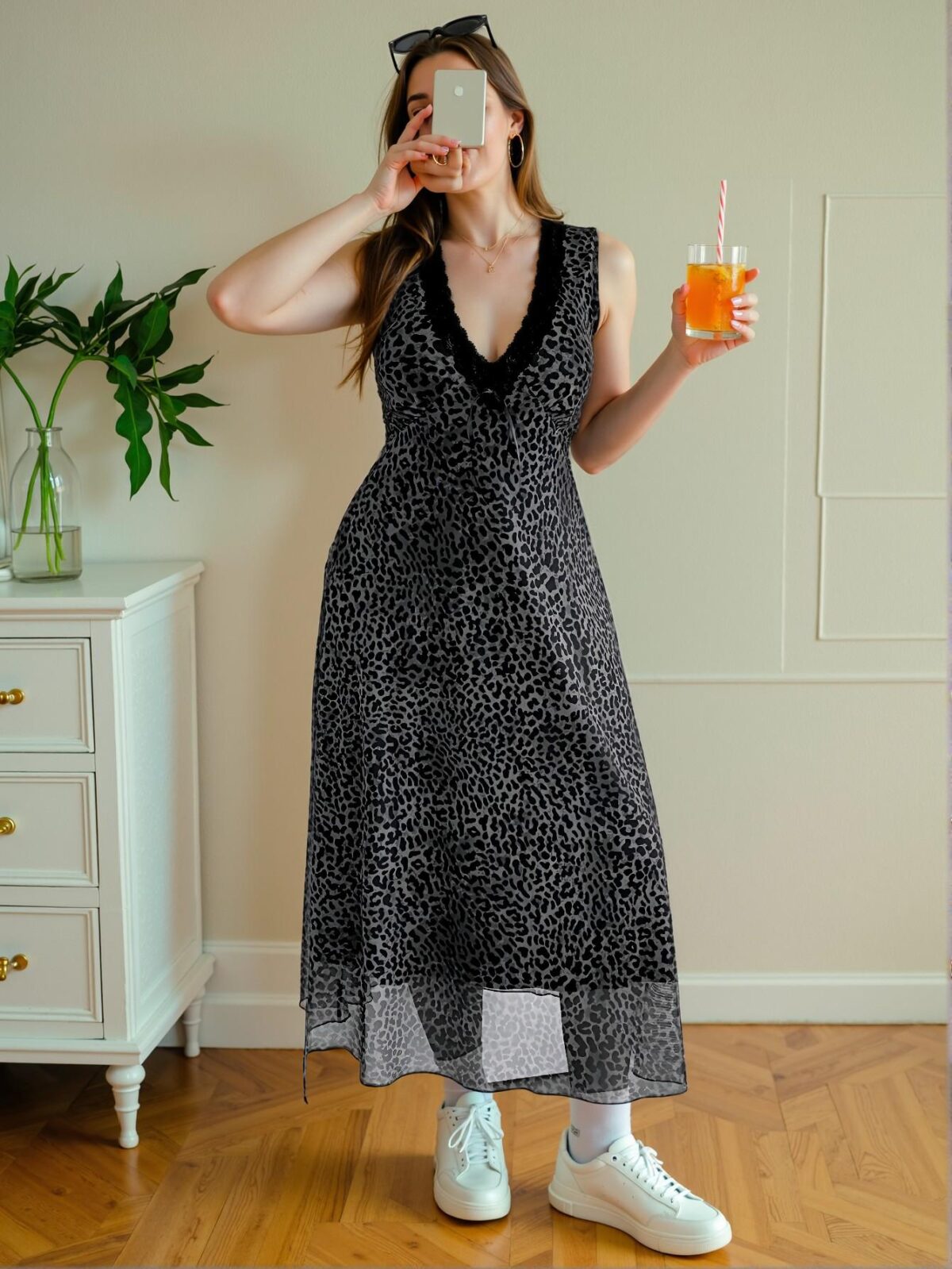 Elegant Grey V-Neck A-Line Dress with Contrast Lace and Leopard Print for Spring and Summer, Chic, Classy, and Trendy Fashion Style to Dress to Impress - Image 3