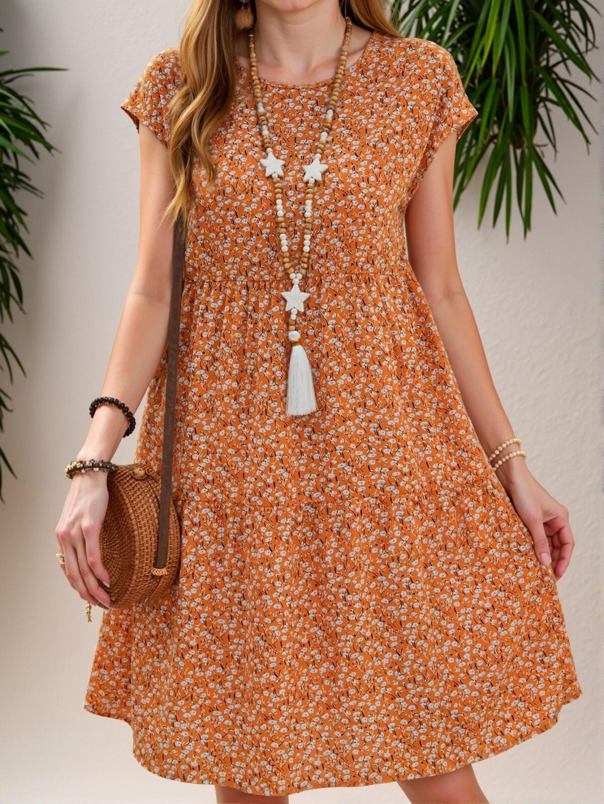 Elegant Orange Ditsy Floral Short Sleeve Boho Dress for Spring and Summer Chic, Classy, and Trendy Fashion Style to Dress to Impress