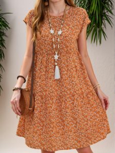 Elegant Orange Ditsy Floral Short Sleeve Boho Dress for Spring and Summer Chic, Classy, and Trendy Fashion Style to Dress to Impress