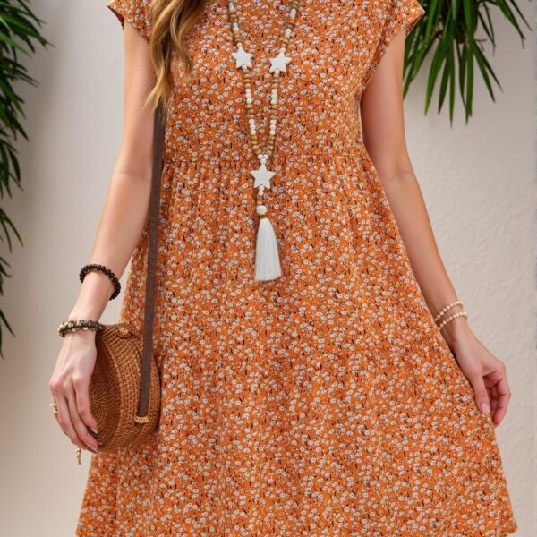 Elegant Orange Ditsy Floral Short Sleeve Boho Dress for Spring and Summer Chic, Classy, and Trendy Fashion Style to Dress to Impress