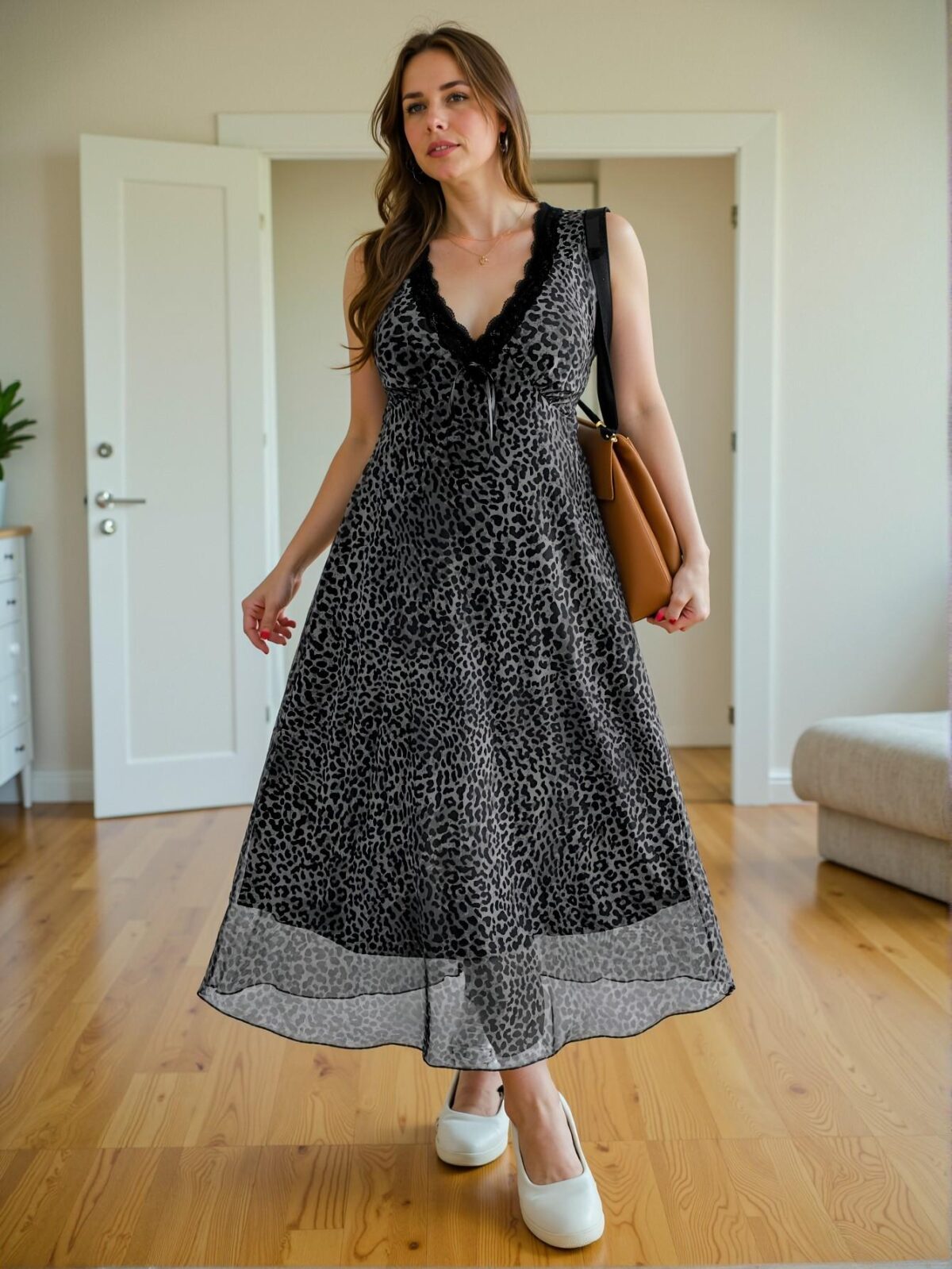 Elegant Grey V-Neck A-Line Dress with Contrast Lace and Leopard Print for Spring and Summer, Chic, Classy, and Trendy Fashion Style to Dress to Impress - Image 4