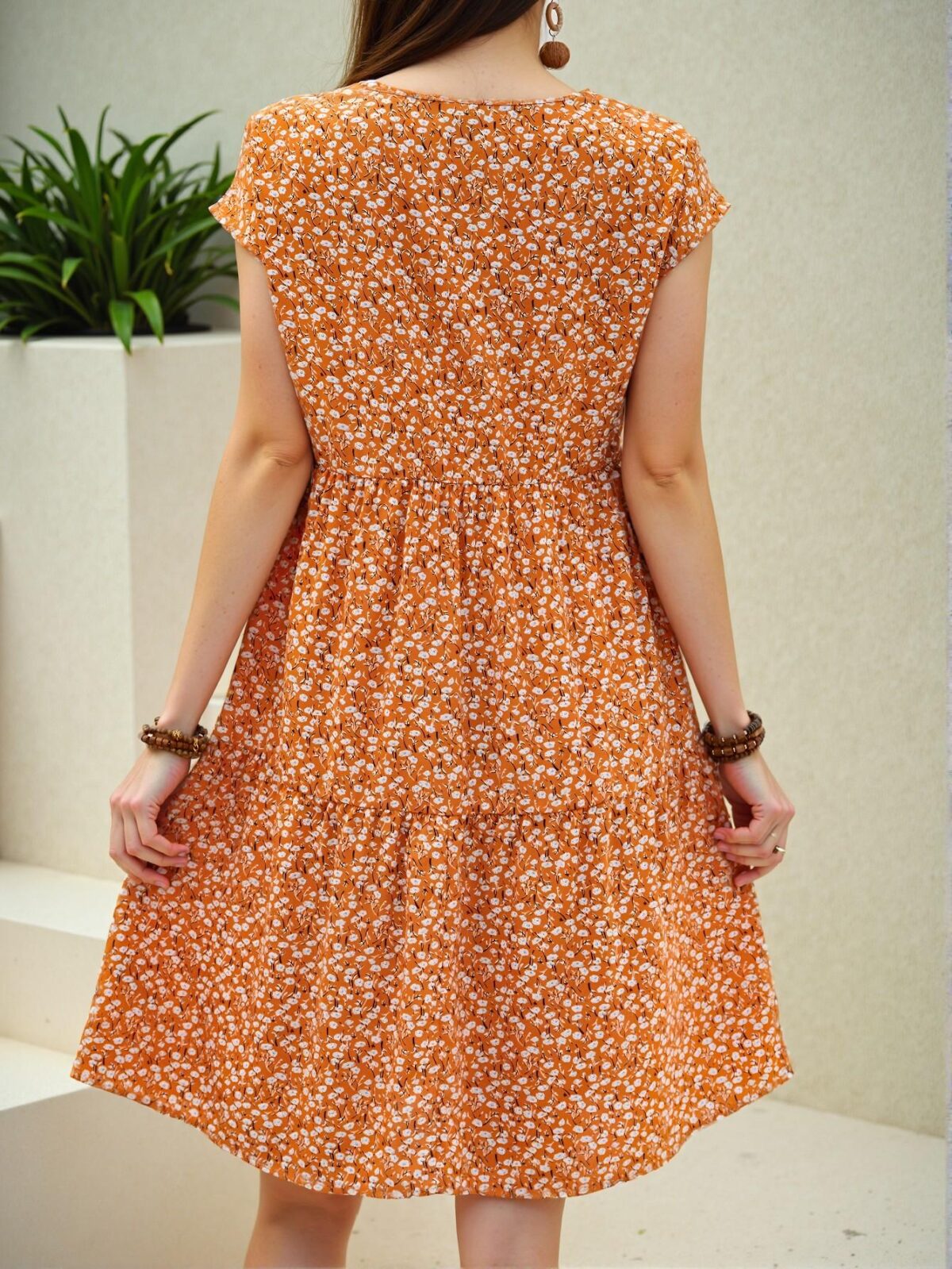 Elegant Orange Ditsy Floral Short Sleeve Boho Dress for Spring and Summer Chic, Classy, and Trendy Fashion Style to Dress to Impress - Image 2