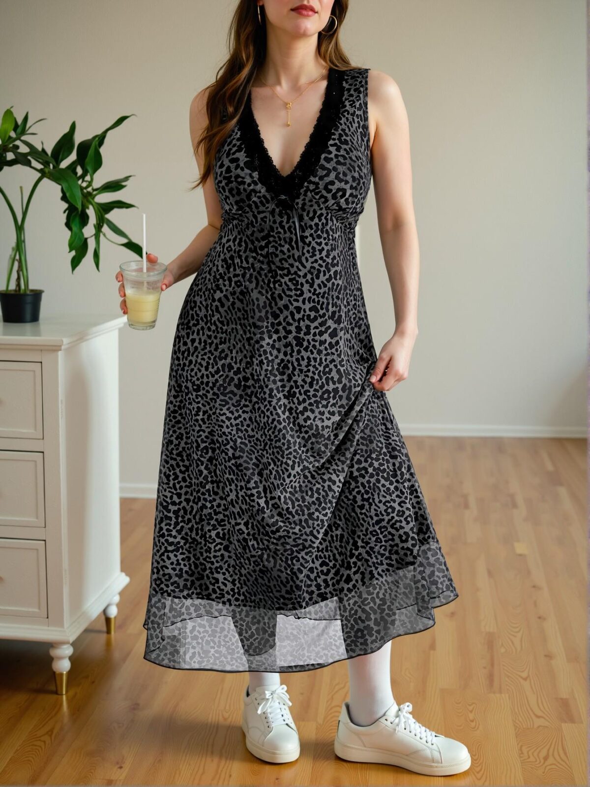 Elegant Grey V-Neck A-Line Dress with Contrast Lace and Leopard Print for Spring and Summer, Chic, Classy, and Trendy Fashion Style to Dress to Impress - Image 5