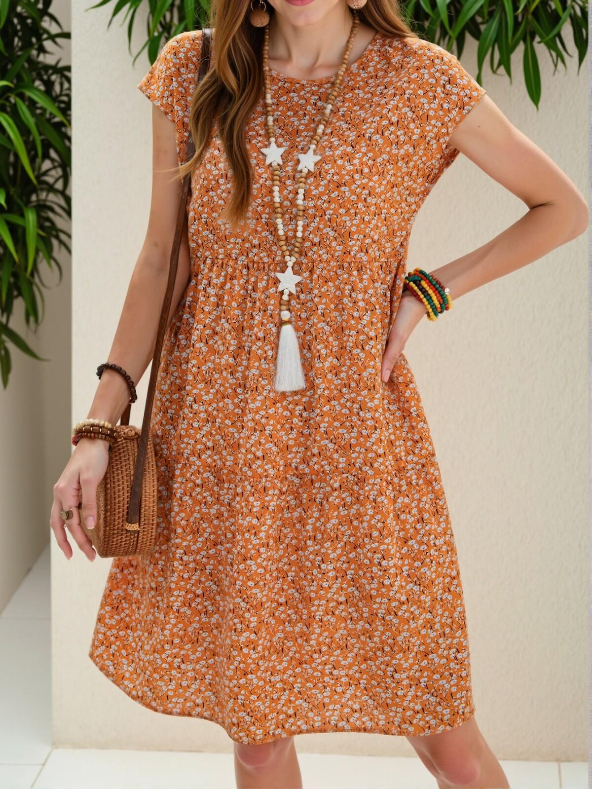 Elegant Orange Ditsy Floral Short Sleeve Boho Dress for Spring and Summer Chic, Classy, and Trendy Fashion Style to Dress to Impress - Image 4