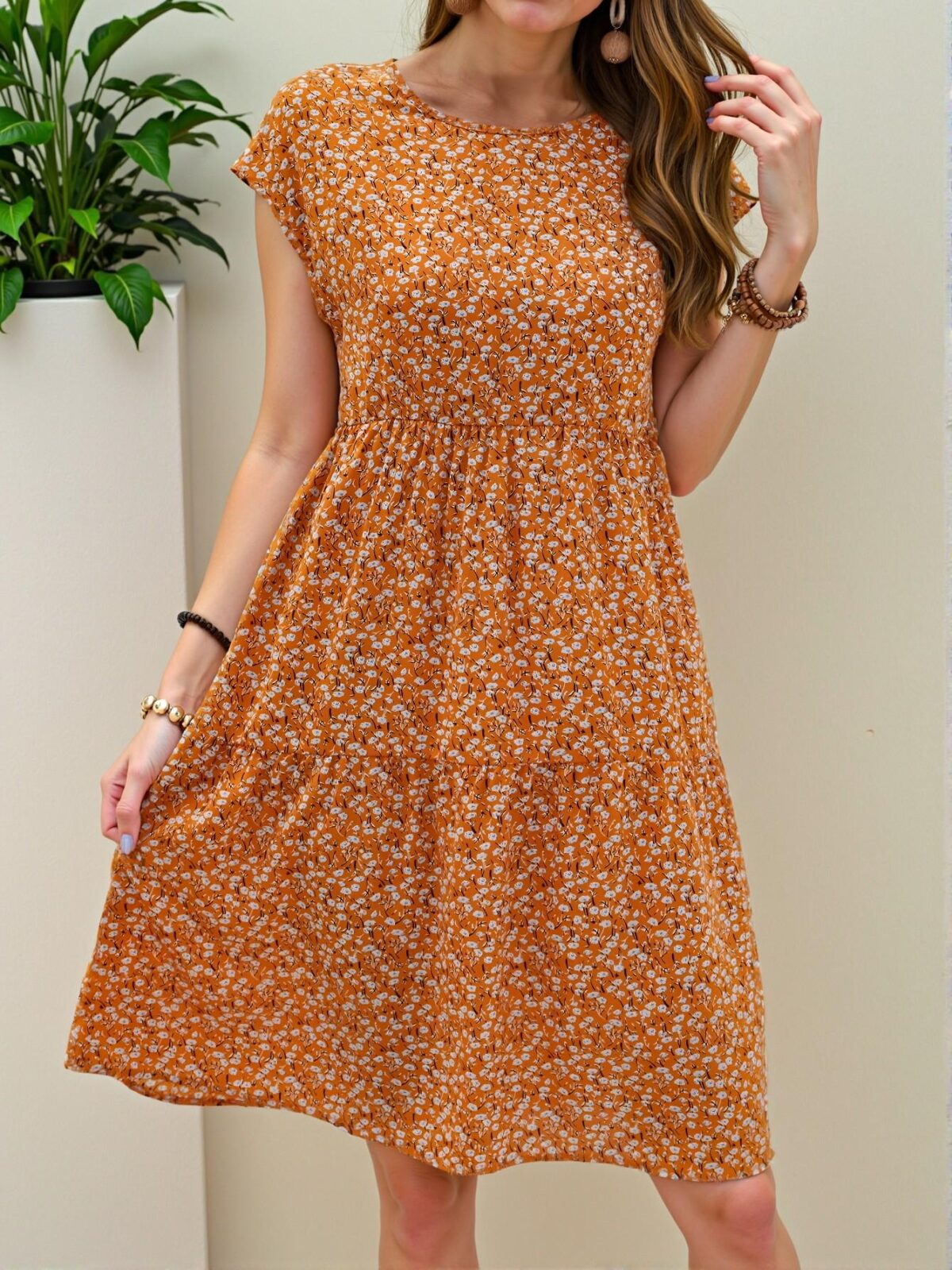 Elegant Orange Ditsy Floral Short Sleeve Boho Dress for Spring and Summer Chic, Classy, and Trendy Fashion Style to Dress to Impress - Image 5