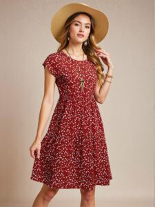 Elegant Rust Brown Floral A-Line Midi Dress with Batwing Sleeves for Spring and Summer - Chic, Classy and Trendy Fashion Style to Dress to Impress