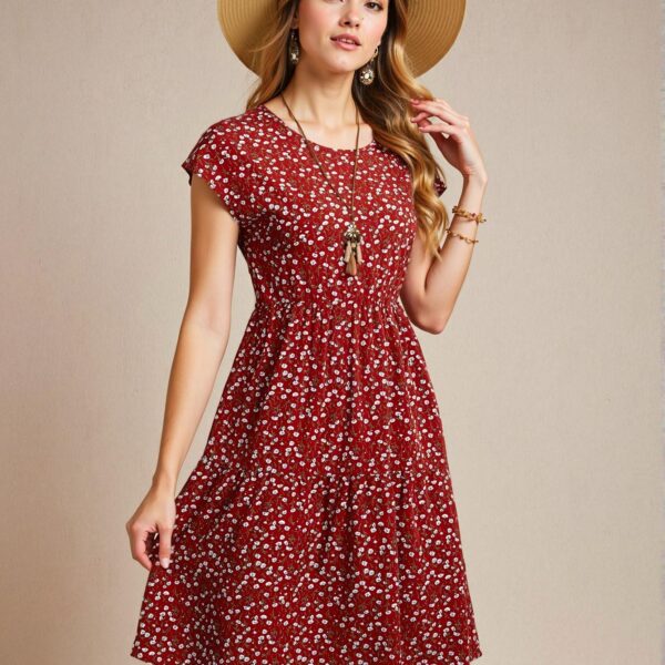 Elegant Rust Brown Floral A-Line Midi Dress with Batwing Sleeves for Spring and Summer - Chic, Classy and Trendy Fashion Style to Dress to Impress