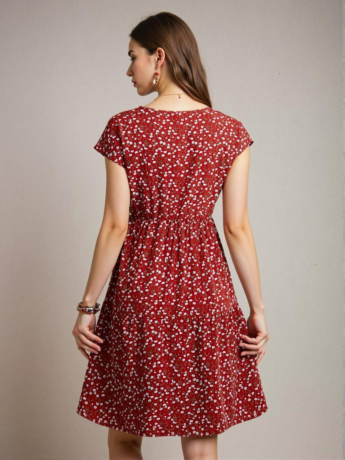 Elegant Rust Brown Floral A-Line Midi Dress with Batwing Sleeves for Spring and Summer - Chic, Classy and Trendy Fashion Style to Dress to Impress - Image 2