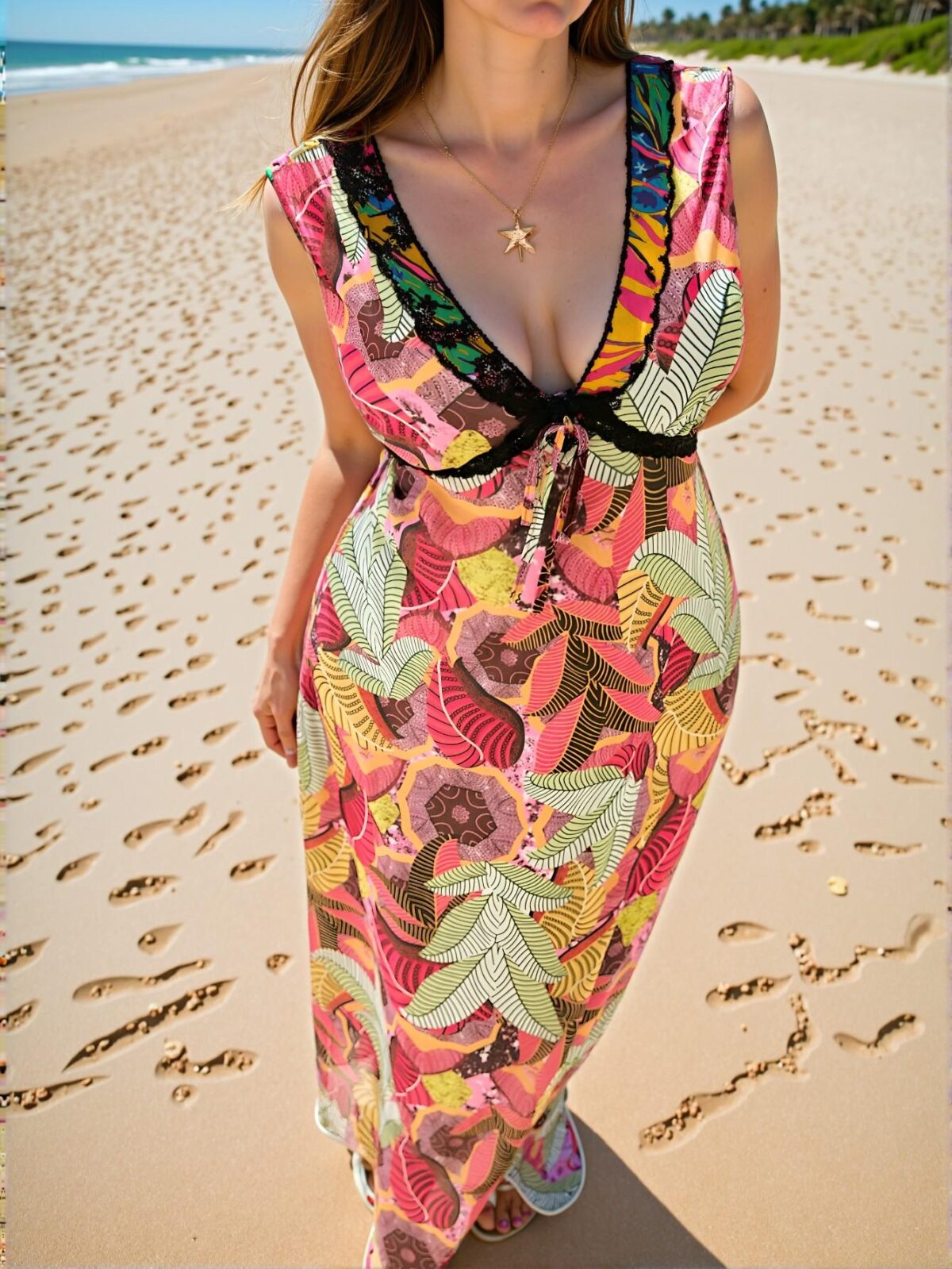 Elegant Multicolor Bohemian V-Neck Floral & Contrast Lace Midi Dress for Beach Vacation and Spring/Summer Chic, Classy and Trendy Fashion Style to Dress to Impress - Image 5