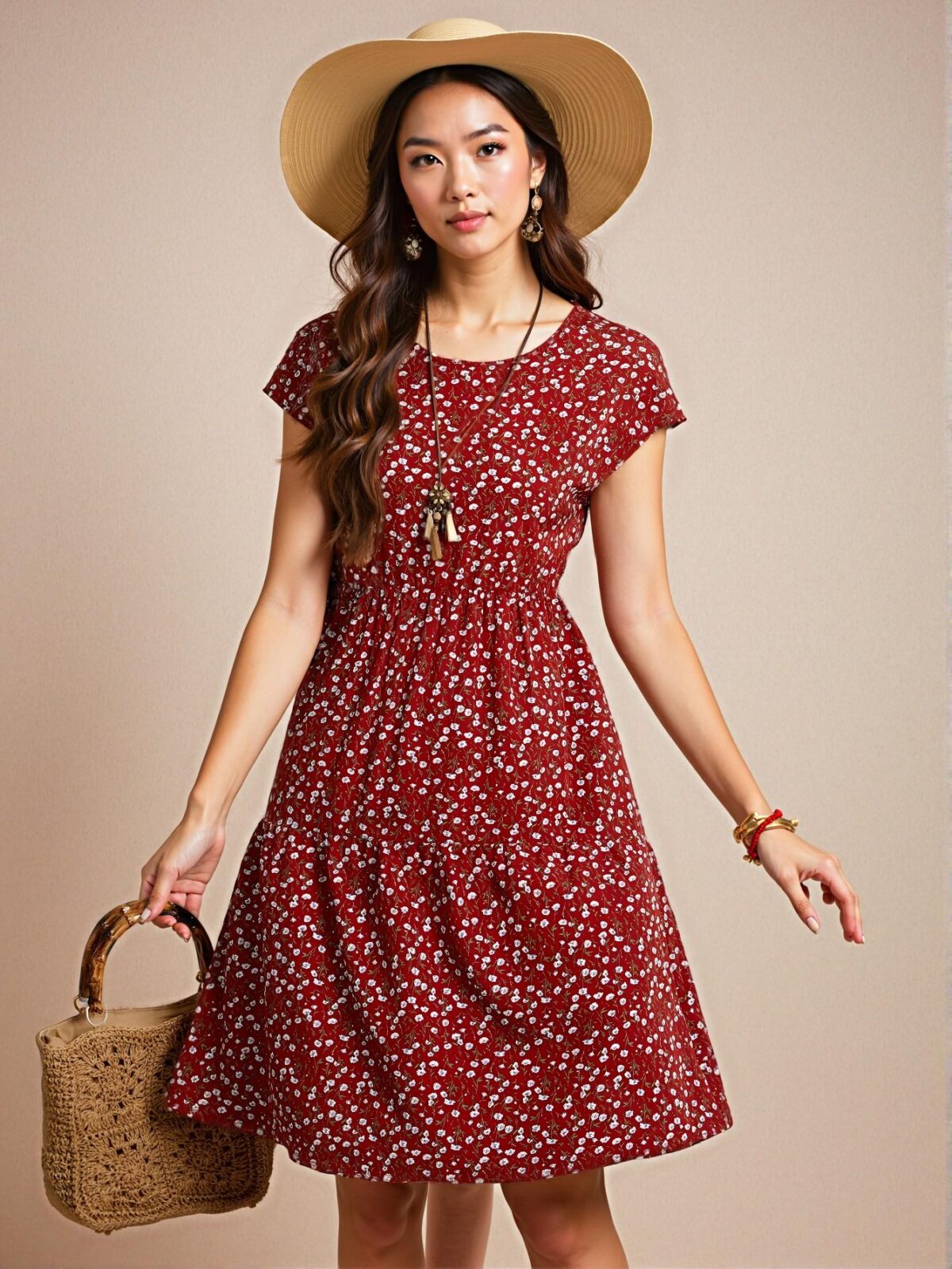 Elegant Rust Brown Floral A-Line Midi Dress with Batwing Sleeves for Spring and Summer - Chic, Classy and Trendy Fashion Style to Dress to Impress - Image 3