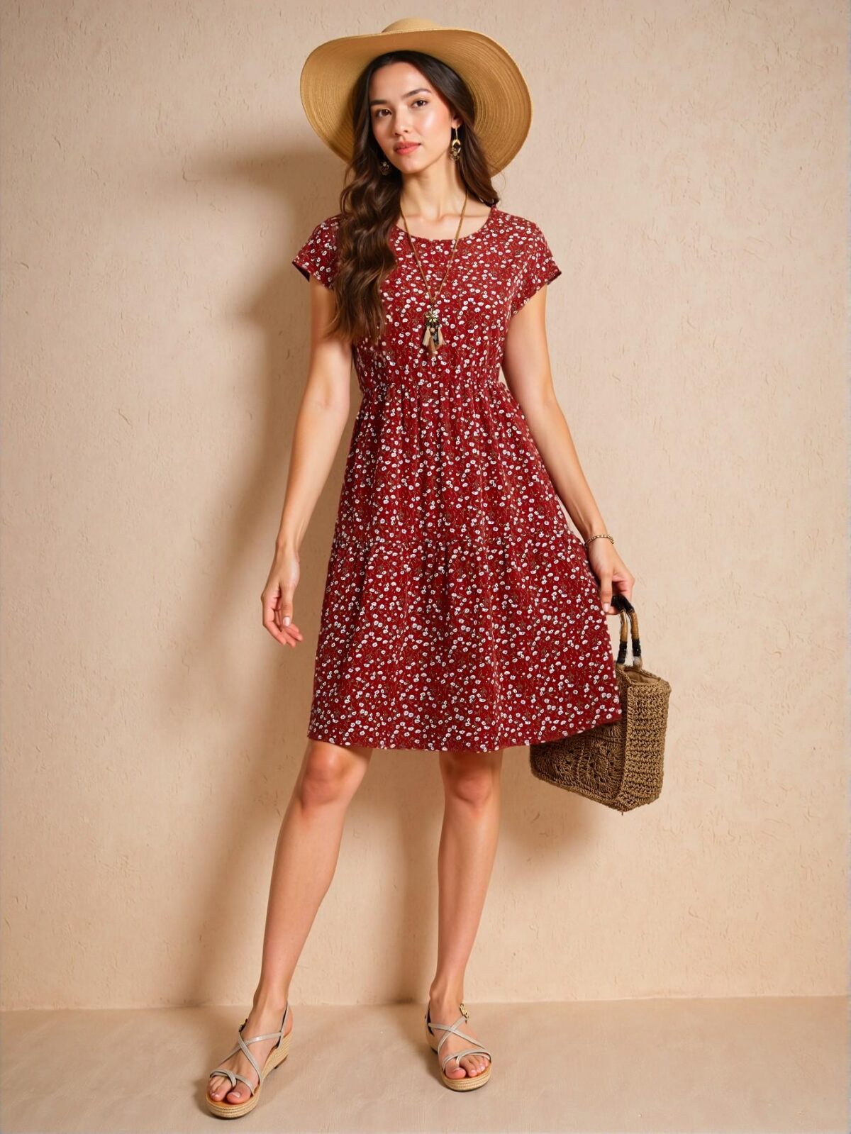 Elegant Rust Brown Floral A-Line Midi Dress with Batwing Sleeves for Spring and Summer - Chic, Classy and Trendy Fashion Style to Dress to Impress - Image 5