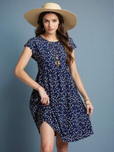 Elegant Navy Blue Ditsy Floral Midi Dress with Batwing Sleeves for Summer and Spring Occasions - Chic, Classy and Trendy Fashion Style to Dress to Impress