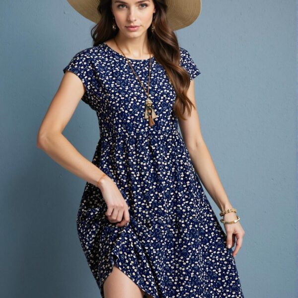 Elegant Navy Blue Ditsy Floral Midi Dress with Batwing Sleeves for Summer and Spring Occasions - Chic, Classy and Trendy Fashion Style to Dress to Impress