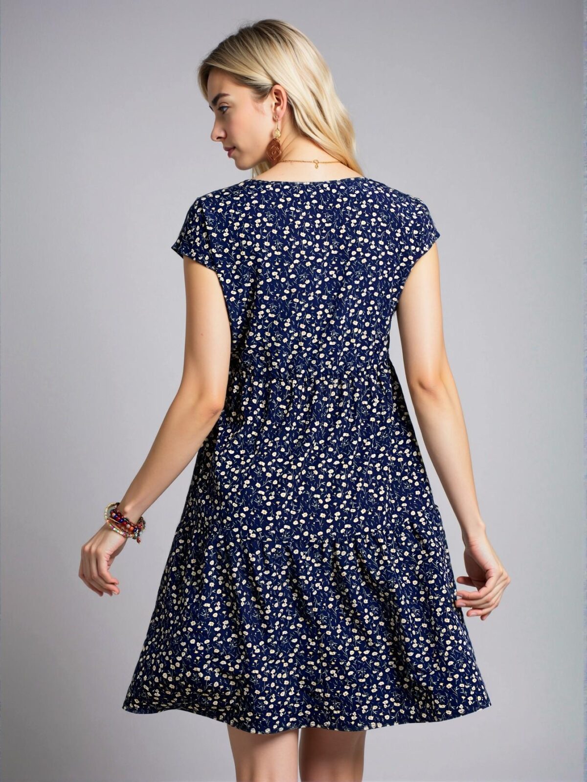 Elegant Navy Blue Ditsy Floral Midi Dress with Batwing Sleeves for Summer and Spring Occasions - Chic, Classy and Trendy Fashion Style to Dress to Impress - Image 2