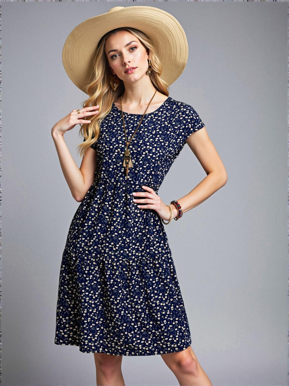 Elegant Navy Blue Ditsy Floral Midi Dress with Batwing Sleeves for Summer and Spring Occasions - Chic, Classy and Trendy Fashion Style to Dress to Impress - Image 3