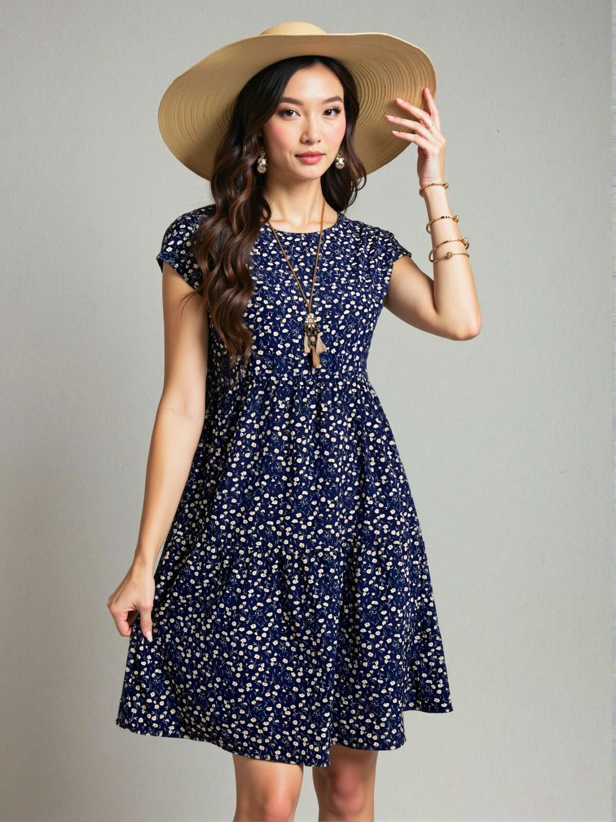 Elegant Navy Blue Ditsy Floral Midi Dress with Batwing Sleeves for Summer and Spring Occasions - Chic, Classy and Trendy Fashion Style to Dress to Impress - Image 4