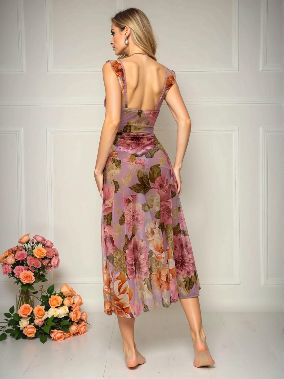 Elegant Purple Ruffled Tie-Front Mesh Nightdress with Floral Design for Spring and Summer - Chic, Classy and Trendy Fashion Style to Dress to Impress - Image 2