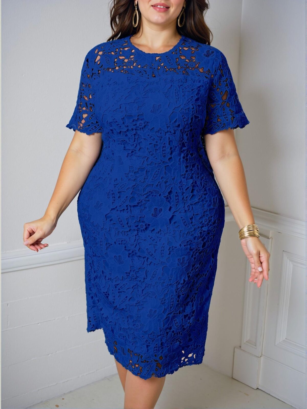Elegant Royal Blue Fitted Lace Dress with Short Sleeves for a Stylish Spring and Summer Getaway - Chic, Classy and Trendy Fashion Style to Dress to Impress