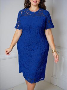 Elegant Royal Blue Fitted Lace Dress with Short Sleeves for a Stylish Spring and Summer Getaway - Chic, Classy and Trendy Fashion Style to Dress to Impress