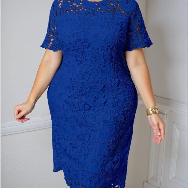 Elegant Royal Blue Fitted Lace Dress with Short Sleeves for a Stylish Spring and Summer Getaway - Chic, Classy and Trendy Fashion Style to Dress to Impress