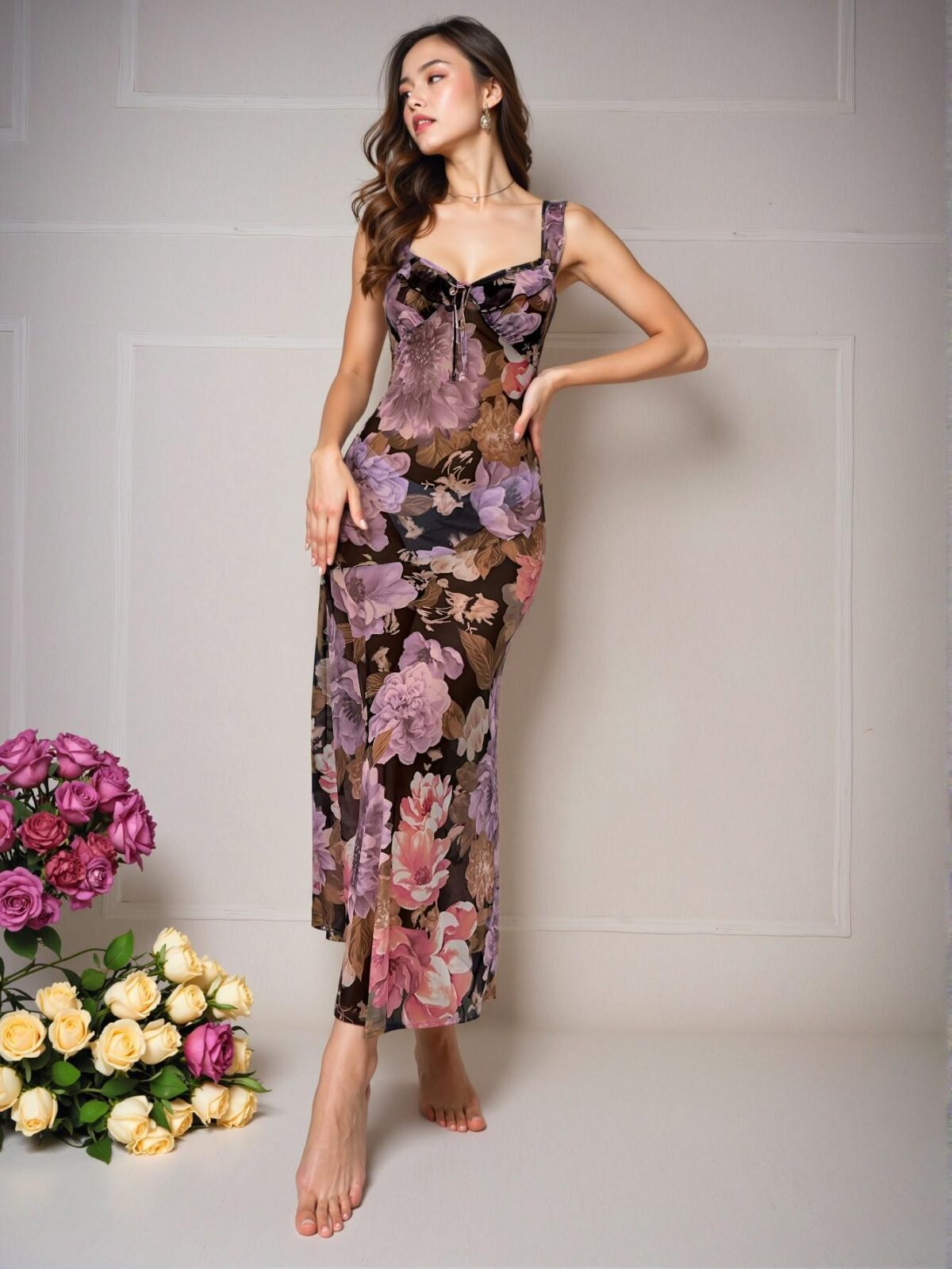 Elegant Black Floral Print Ruffle Trim Mesh Cami Nightdress for Spring and Summer - Chic, Classy and Trendy Fashion Style to Dress to Impress - Image 4