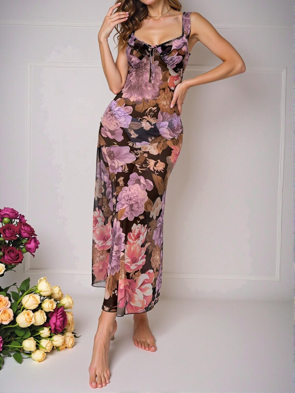 Elegant Black Floral Print Ruffle Trim Mesh Cami Nightdress for Spring and Summer - Chic, Classy and Trendy Fashion Style to Dress to Impress - Image 5