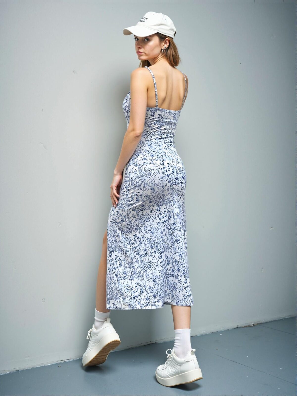 Elegant Blue Floral Cami Dress with Slit Detail Perfect for Spring and Summer - Chic, Classy and Trendy Fashion Style to Dress to Impress - Image 2