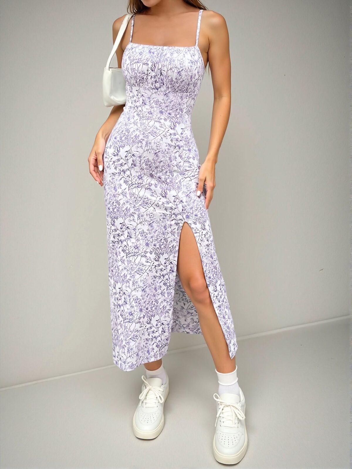 Elegant Lilac Purple Backless Midi Dress with Slit Design and Ditsy Floral Print – Chic, Classy, and Trendy Fashion Style to Dress to Impress