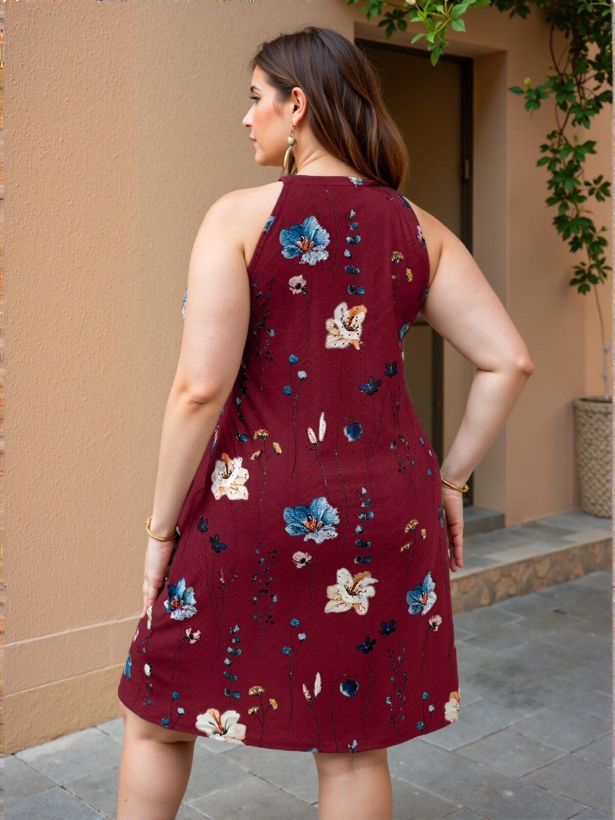 Elegant Burgundy Floral Jacquard Halter Mini Dress, Captivating Island Vacation Vibe for Spring and Summer, Chic, Classy and Trendy Fashion Style to Dress to Impress - Image 2