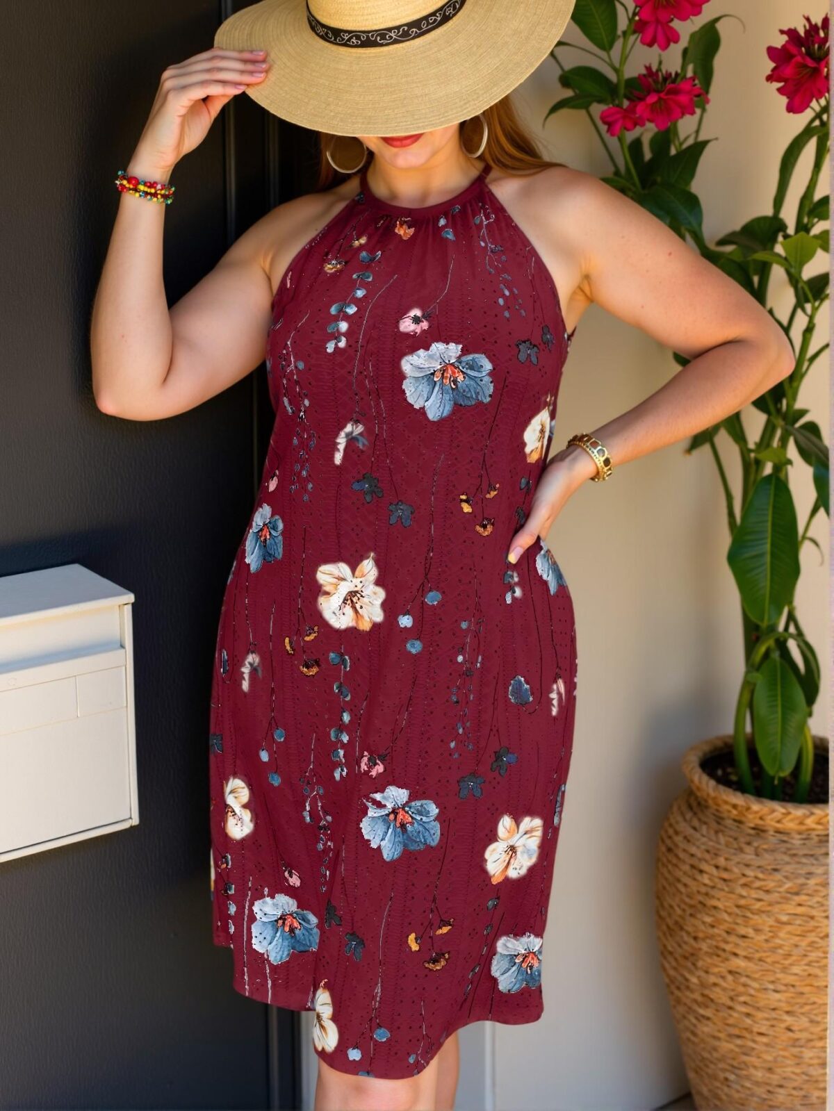 Elegant Burgundy Floral Jacquard Halter Mini Dress, Captivating Island Vacation Vibe for Spring and Summer, Chic, Classy and Trendy Fashion Style to Dress to Impress - Image 3