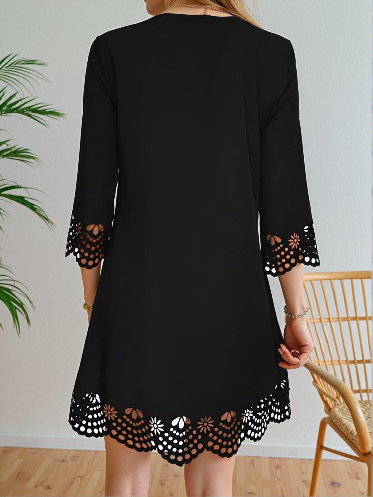 Elegant Black Casual A-Line Dress with Unique Cut-Out Design and Arc-Shaped V-Neck for Spring and Summer - Chic, Classy, and Trendy Fashion Style to Dress to Impress - Image 2