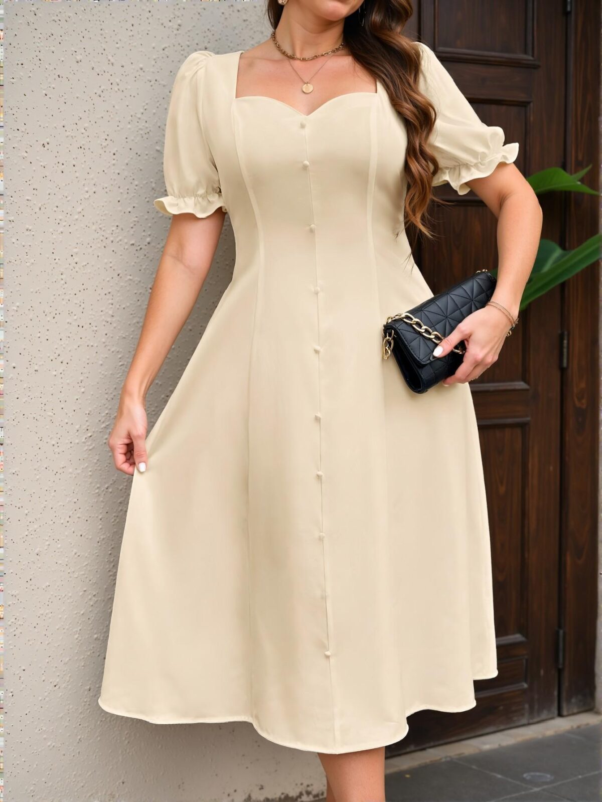 Elegant Apricot Stylish A-Line Midi Dress with Puff Sleeves for Spring and Summer – Chic, Classy and Trendy Fashion Style to Dress to Impress