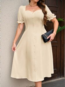 Elegant Apricot Stylish A-Line Midi Dress with Puff Sleeves for Spring and Summer – Chic, Classy and Trendy Fashion Style to Dress to Impress