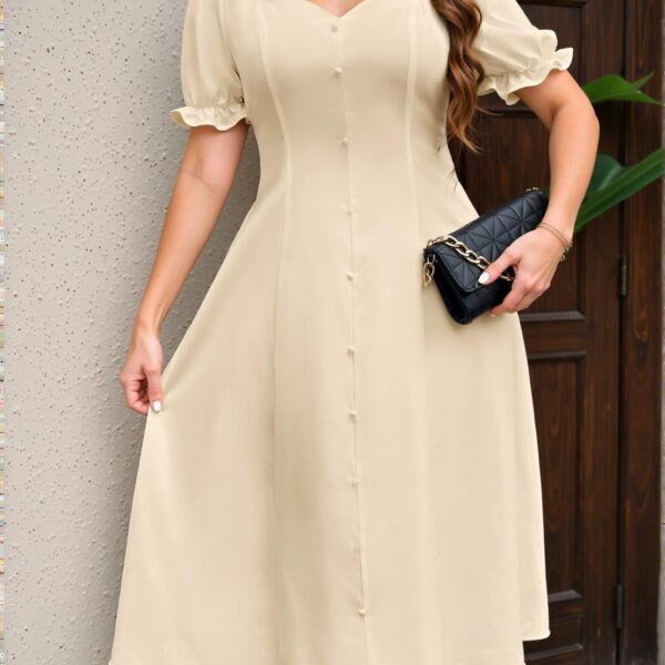 Elegant Apricot Stylish A-Line Midi Dress with Puff Sleeves for Spring and Summer – Chic, Classy and Trendy Fashion Style to Dress to Impress