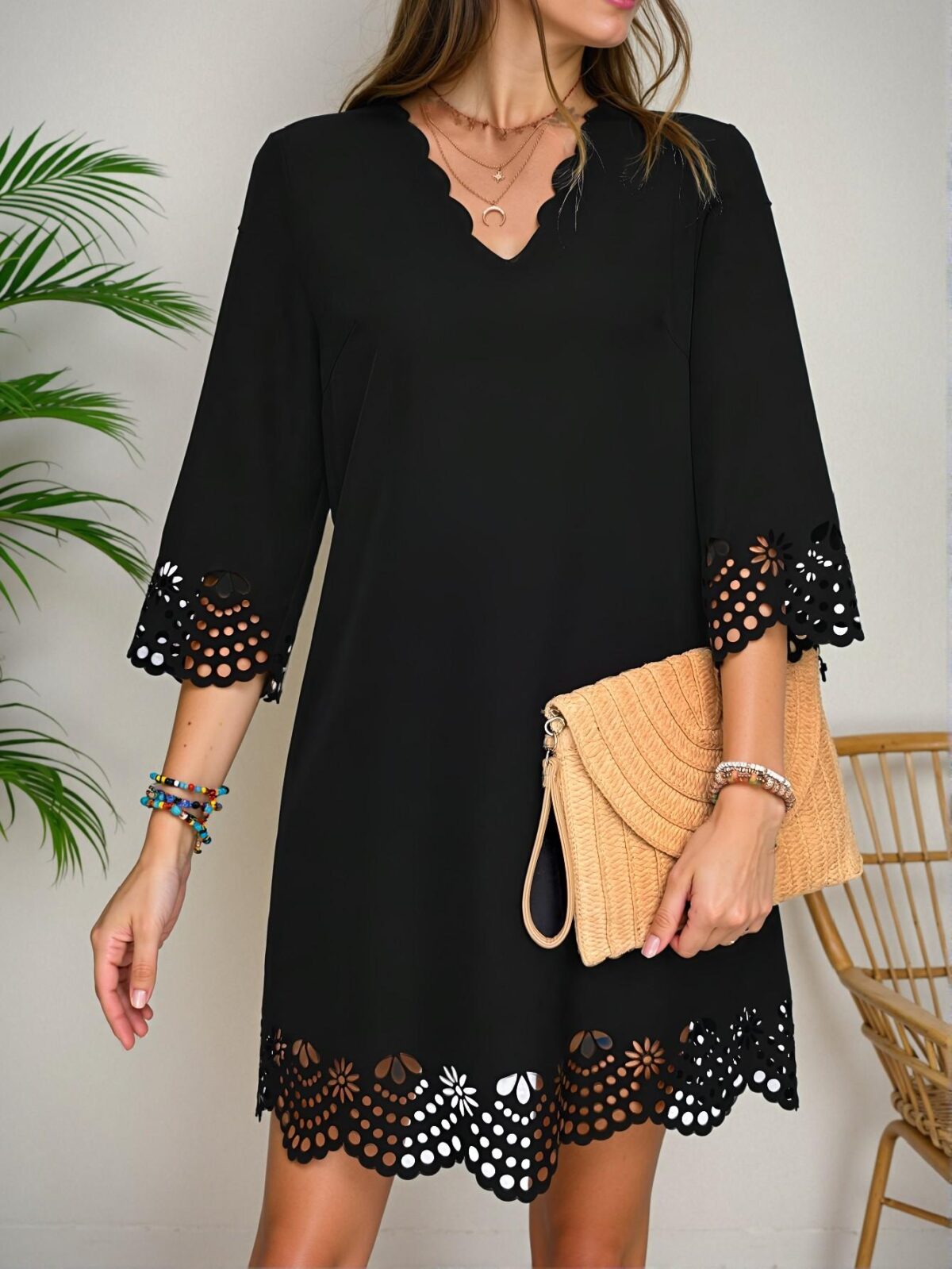 Elegant Black Casual A-Line Dress with Unique Cut-Out Design and Arc-Shaped V-Neck for Spring and Summer - Chic, Classy, and Trendy Fashion Style to Dress to Impress - Image 3