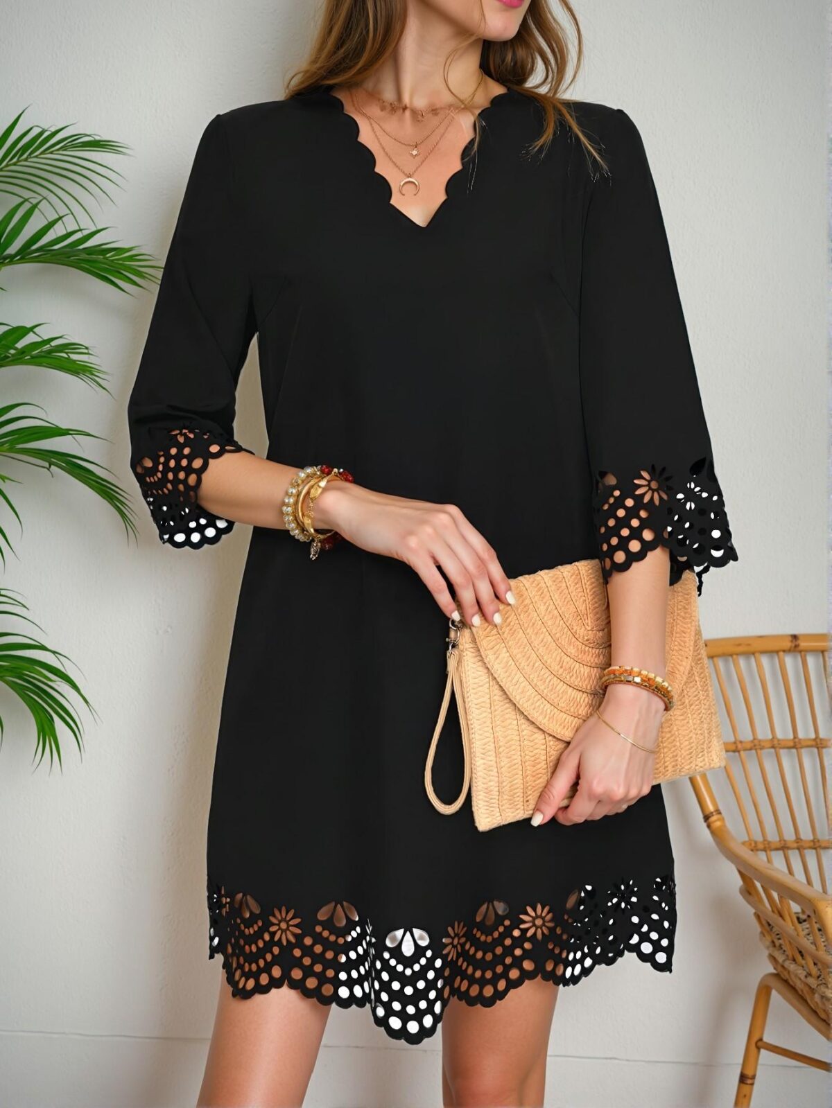 Elegant Black Casual A-Line Dress with Unique Cut-Out Design and Arc-Shaped V-Neck for Spring and Summer - Chic, Classy, and Trendy Fashion Style to Dress to Impress - Image 5