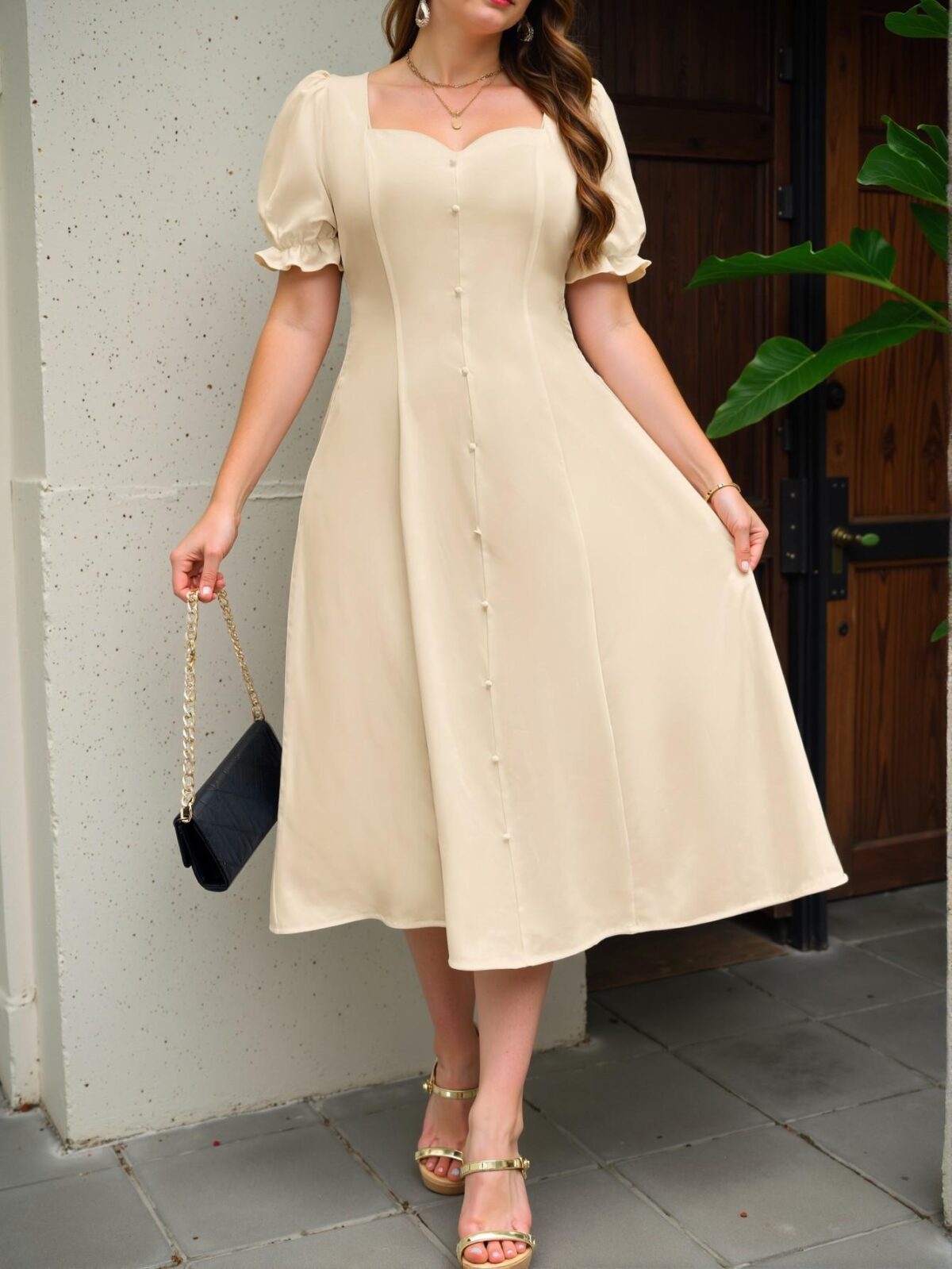 Elegant Apricot Stylish A-Line Midi Dress with Puff Sleeves for Spring and Summer – Chic, Classy and Trendy Fashion Style to Dress to Impress - Image 3