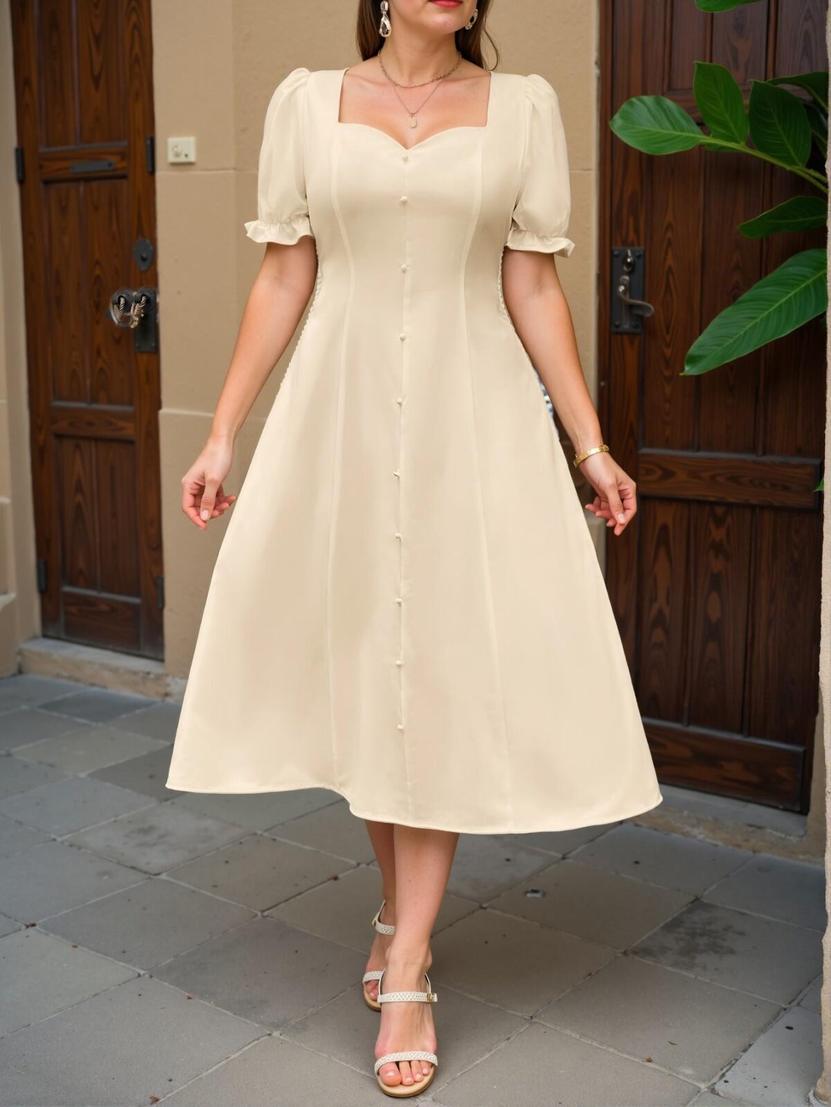 Elegant Apricot Stylish A-Line Midi Dress with Puff Sleeves for Spring and Summer – Chic, Classy and Trendy Fashion Style to Dress to Impress - Image 5