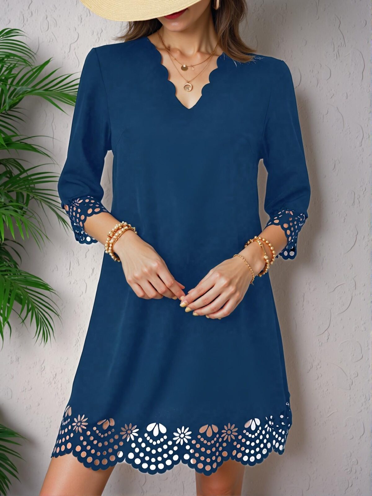 Elegant Blue Trendy Hollow-Out Tunic Dress for Spring and Summer - Chic, Classy, and Fashion-Forward Style to Dress to Impress - Image 3