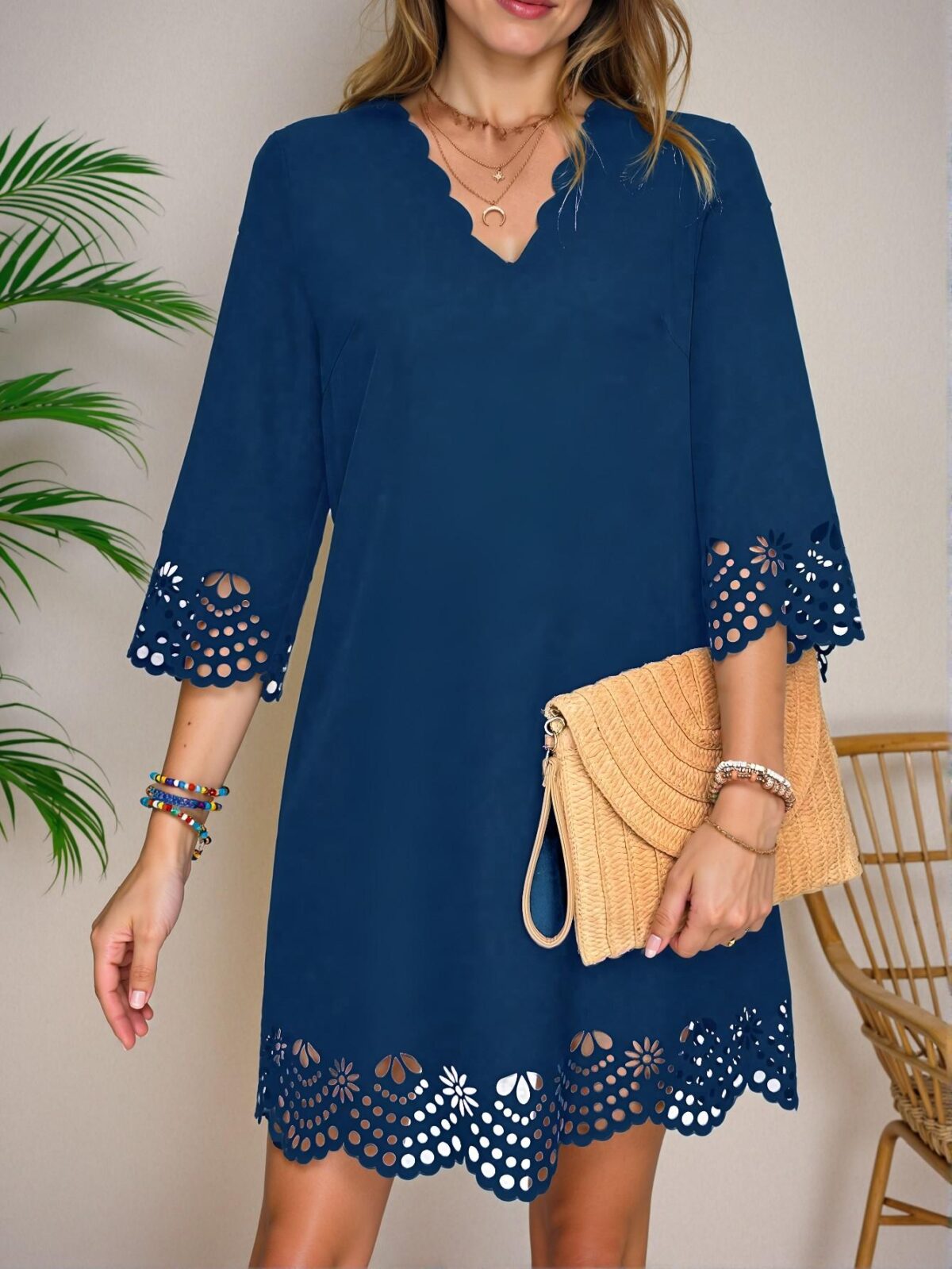 Elegant Blue Trendy Hollow-Out Tunic Dress for Spring and Summer - Chic, Classy, and Fashion-Forward Style to Dress to Impress - Image 4