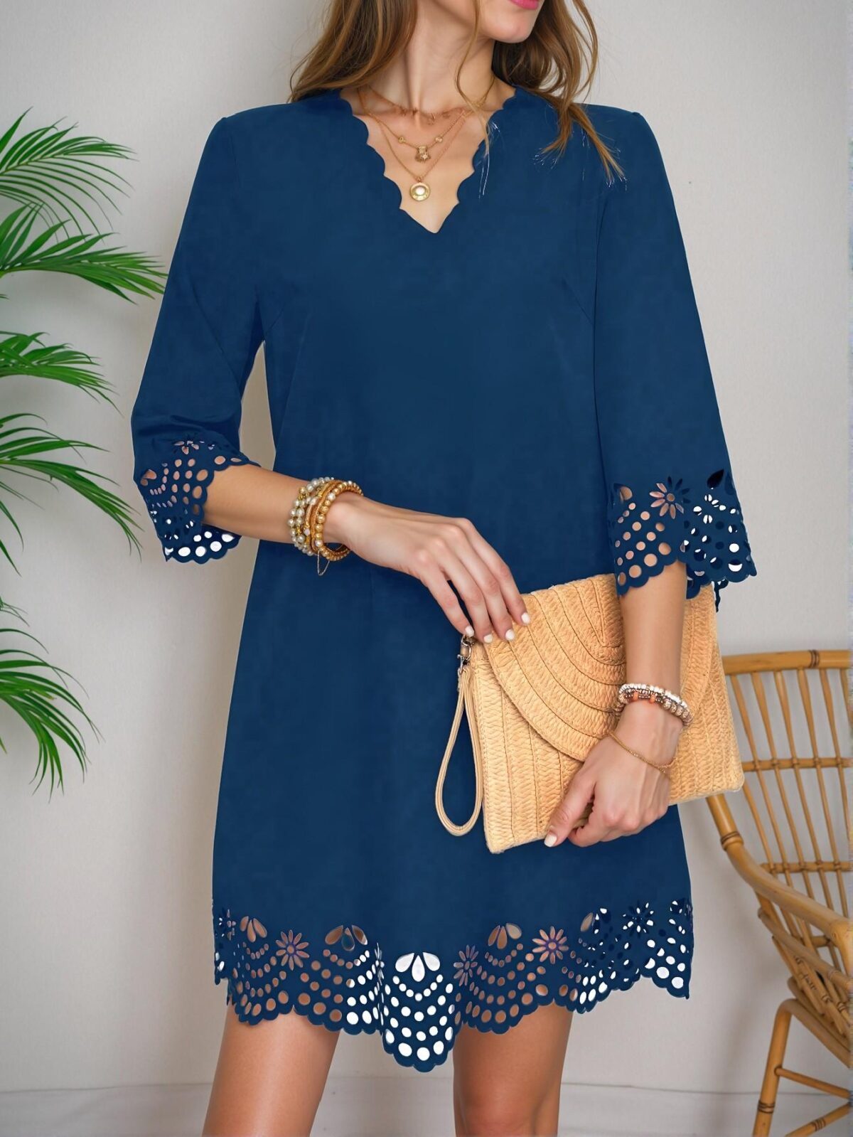 Elegant Blue Trendy Hollow-Out Tunic Dress for Spring and Summer - Chic, Classy, and Fashion-Forward Style to Dress to Impress - Image 5