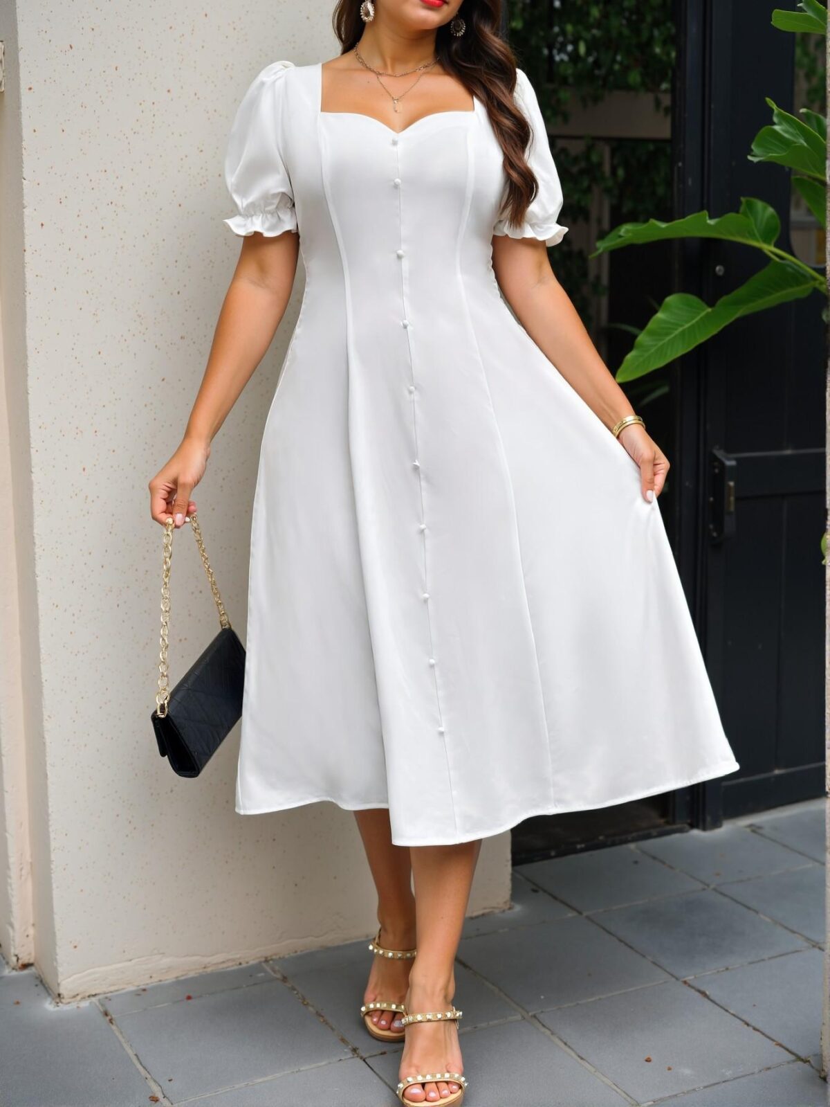 Elegant White Simple Chic A-Line Midi Dress with Puff Sleeves for Spring and Summer - Chic, Classy and Trendy Fashion Style to Dress to Impress - Image 3