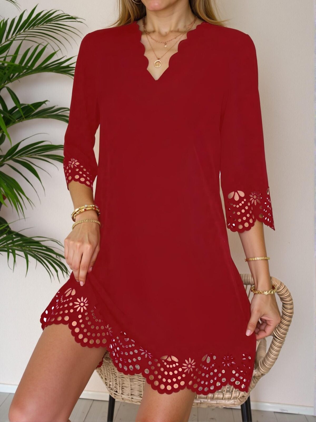 Elegant Burgundy Casual Scalloped Edge Hollow Out Dress for Spring and Summer - Chic, Classy and Trendy Fashion Style to Dress to Impress