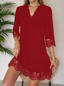 Elegant Burgundy Casual Scalloped Edge Hollow Out Dress for Spring and Summer - Chic, Classy and Trendy Fashion Style to Dress to Impress