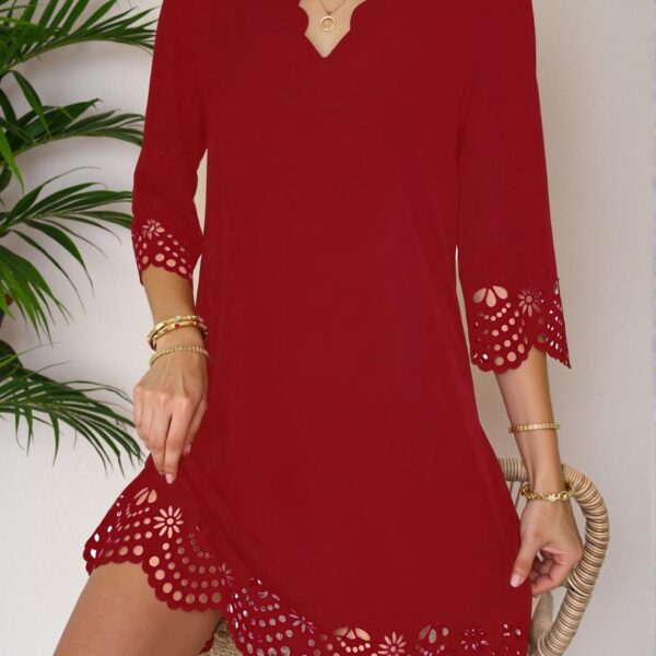 Elegant Burgundy Casual Scalloped Edge Hollow Out Dress for Spring and Summer - Chic, Classy and Trendy Fashion Style to Dress to Impress