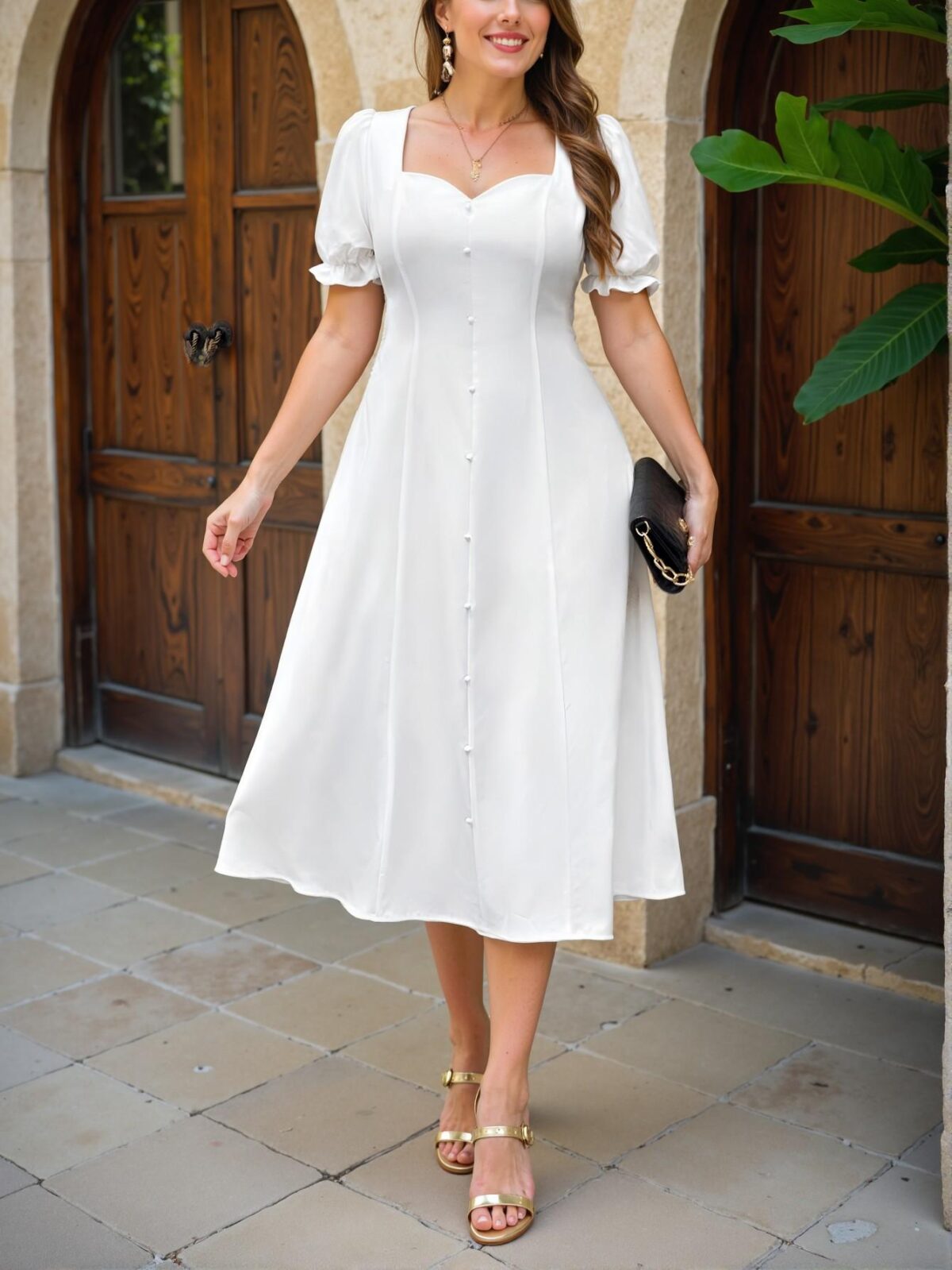 Elegant White Simple Chic A-Line Midi Dress with Puff Sleeves for Spring and Summer - Chic, Classy and Trendy Fashion Style to Dress to Impress - Image 4