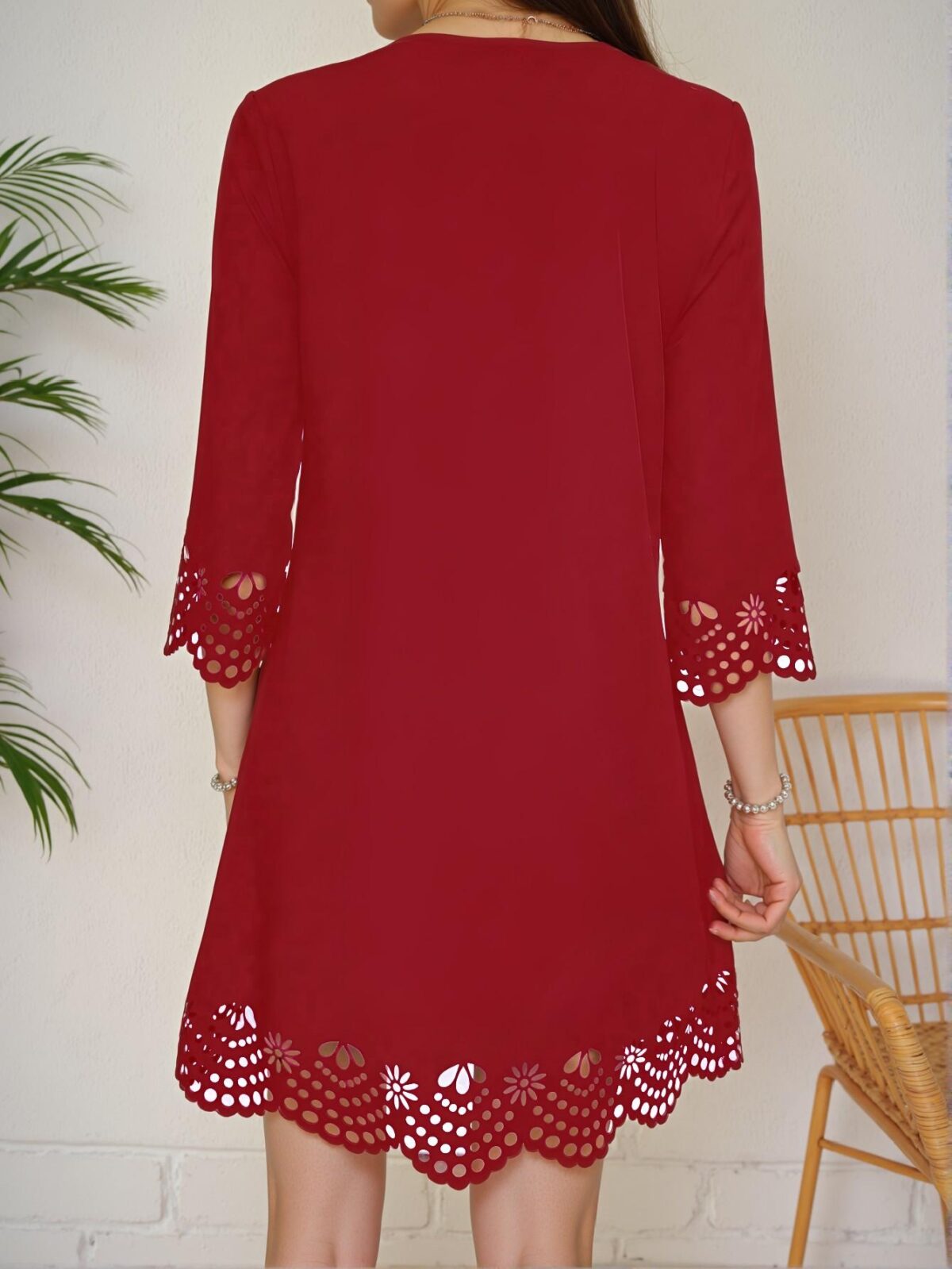 Elegant Burgundy Casual Scalloped Edge Hollow Out Dress for Spring and Summer - Chic, Classy and Trendy Fashion Style to Dress to Impress - Image 2