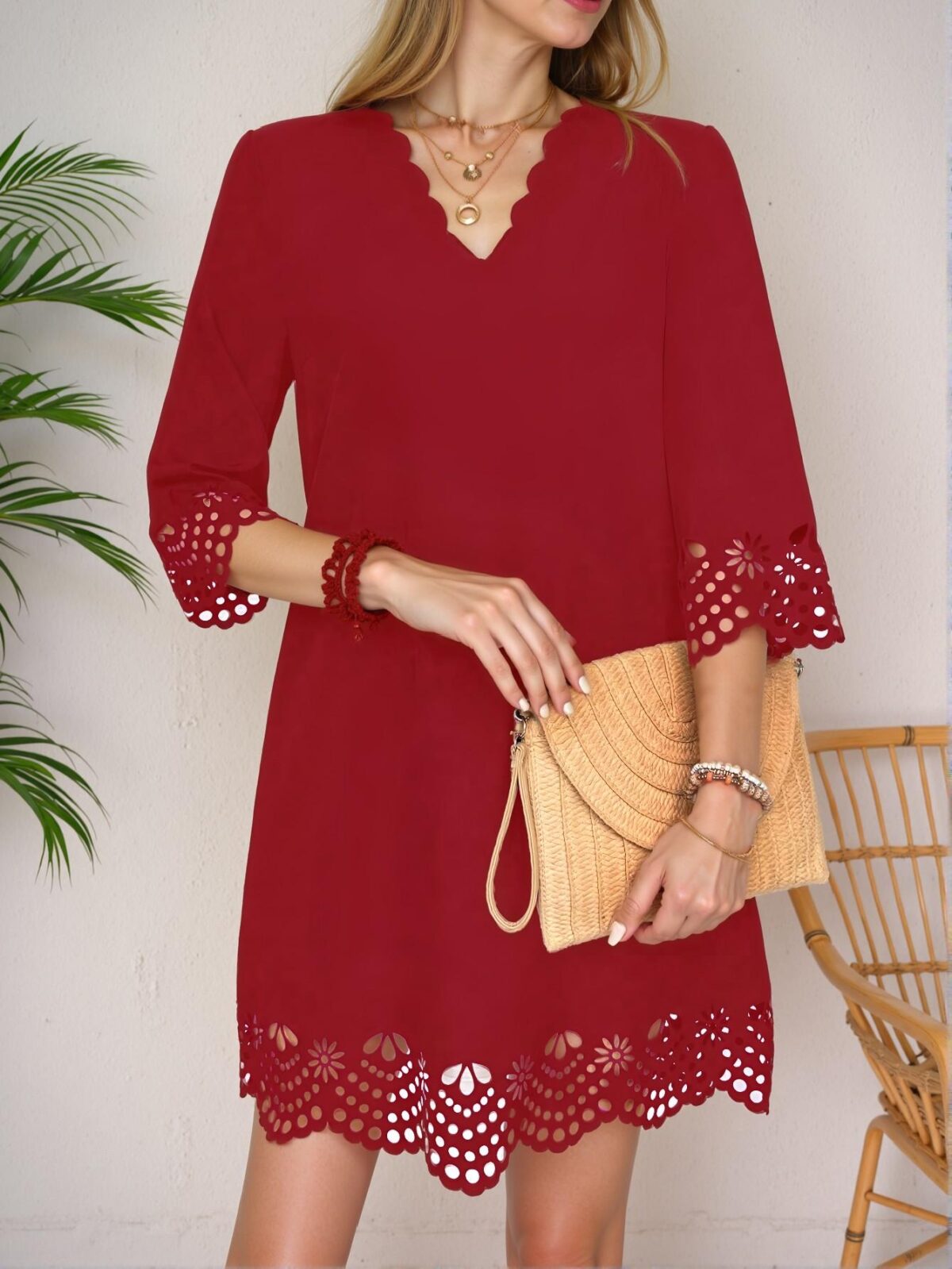 Elegant Burgundy Casual Scalloped Edge Hollow Out Dress for Spring and Summer - Chic, Classy and Trendy Fashion Style to Dress to Impress - Image 3