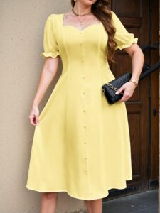 Elegant Yellow Sophisticated Minimalist A-Line Midi Dress with Puff Sleeves for Spring and Summer - Chic, Classy and Trendy Fashion Style to Dress to Impress