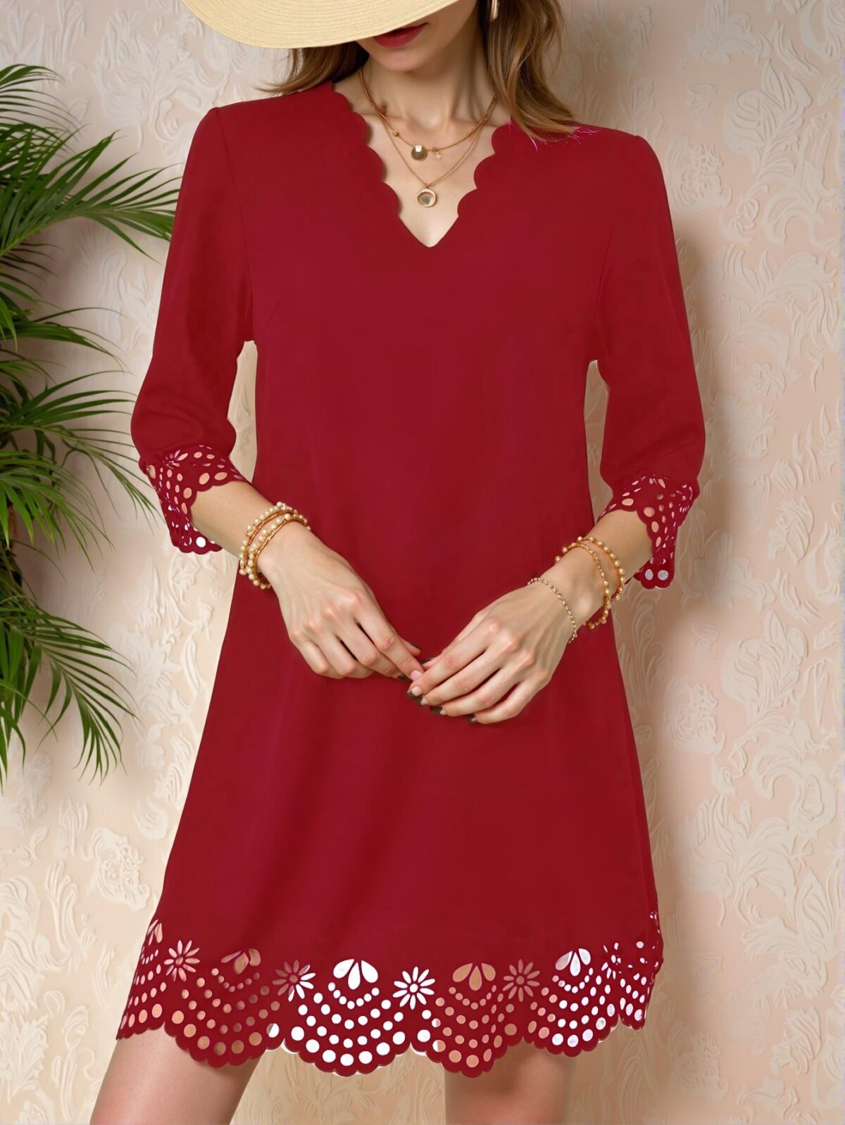 Elegant Burgundy Casual Scalloped Edge Hollow Out Dress for Spring and Summer - Chic, Classy and Trendy Fashion Style to Dress to Impress - Image 4
